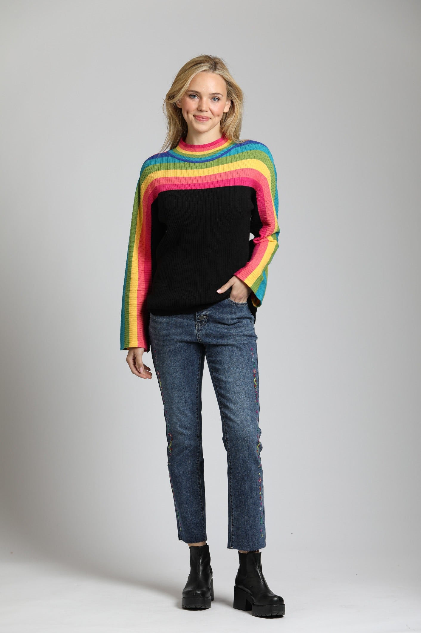 Rainbow Striped Funnel Neck Sweater | front side