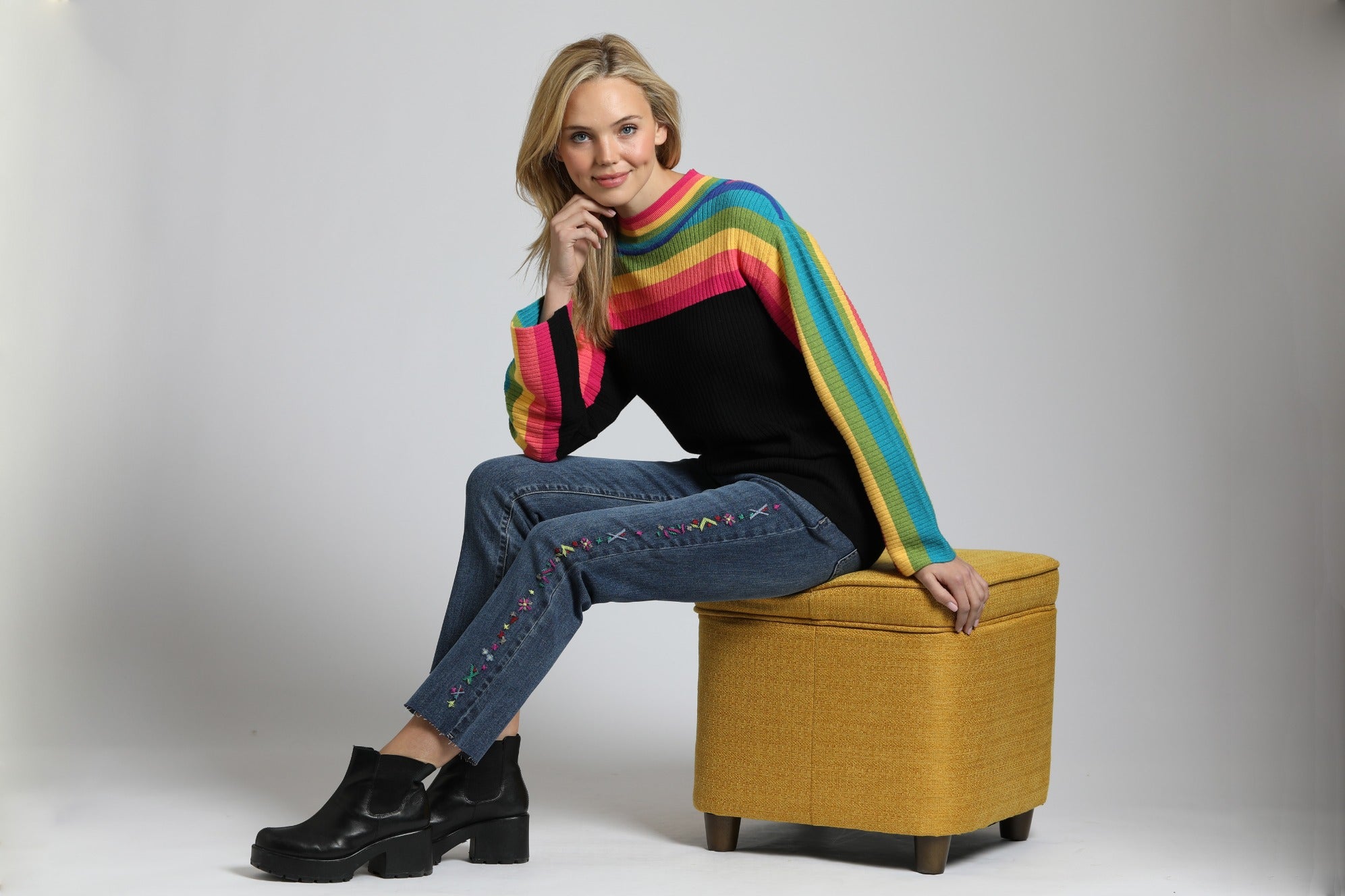 Rainbow Striped Funnel Neck Sweater