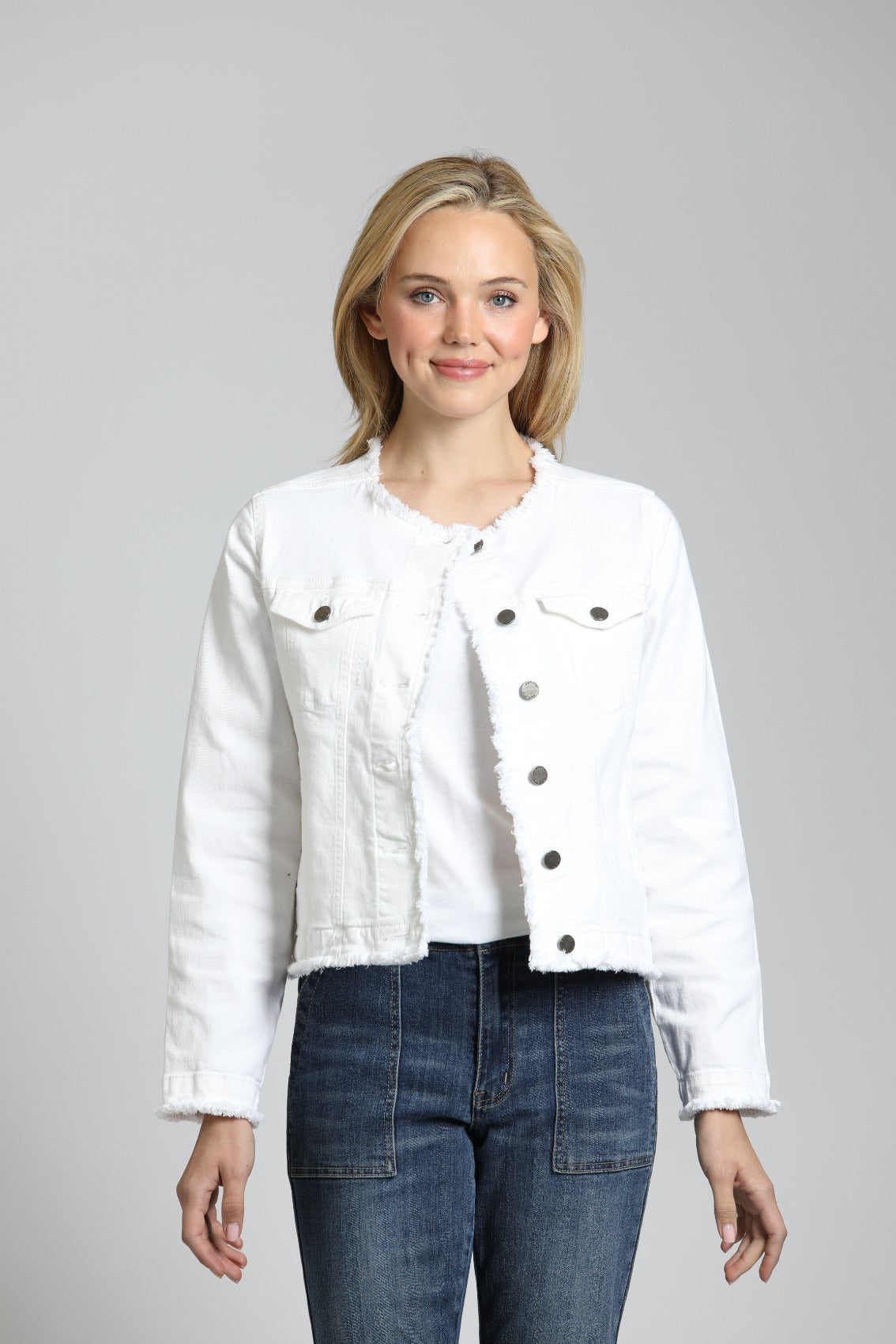 Collarless white jean on sale jacket