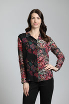 Colorful Doted Floral Print Mix - Button Up Top With Roll Up Tab Sleeve | Front side