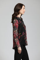 Colorful Doted Floral Print Mix - Button Up Top With Roll Up Tab Sleeve | Right side