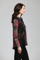 Colorful Doted Floral Print Mix - Button Up Top With Roll Up Tab Sleeve | Right side