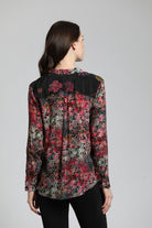 Colorful Doted Floral Print Mix - Button Up Top With Roll Up Tab Sleeve | back side