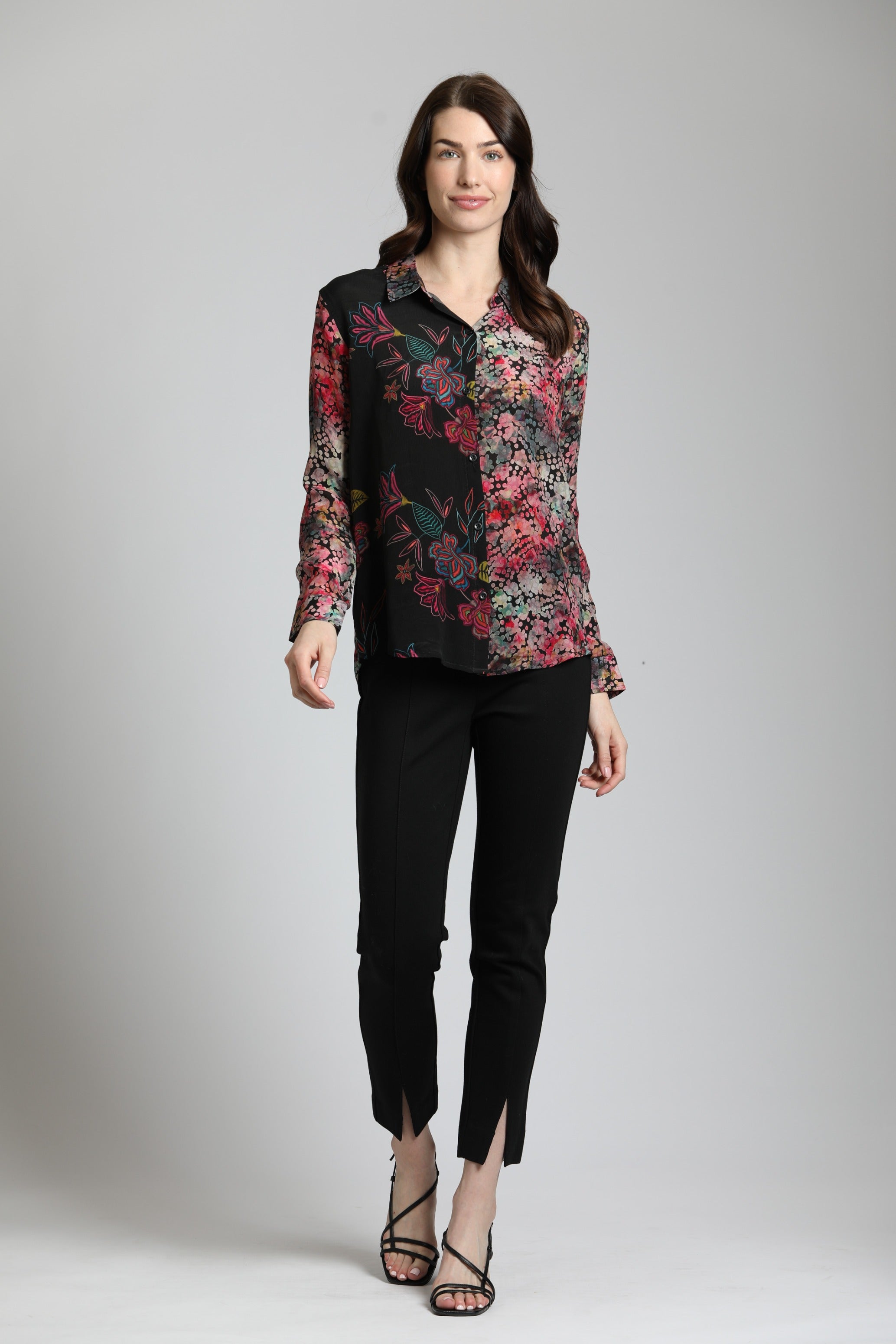 Colorful Doted Floral Print Mix - Button Up Top With Roll Up Tab Sleeve | front side