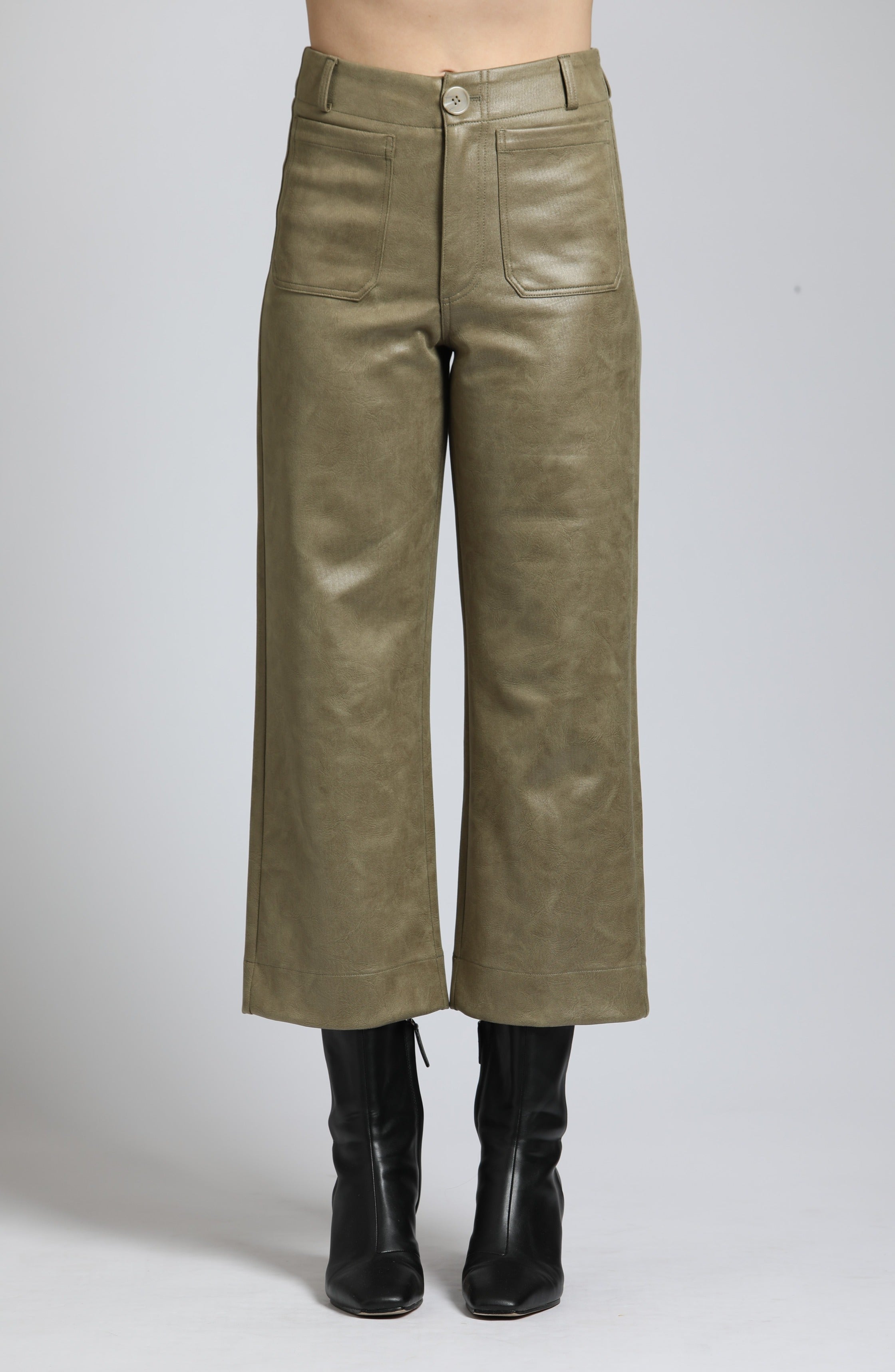 Vegan Leather Wide Leg Pant With Patch Pockets | front side