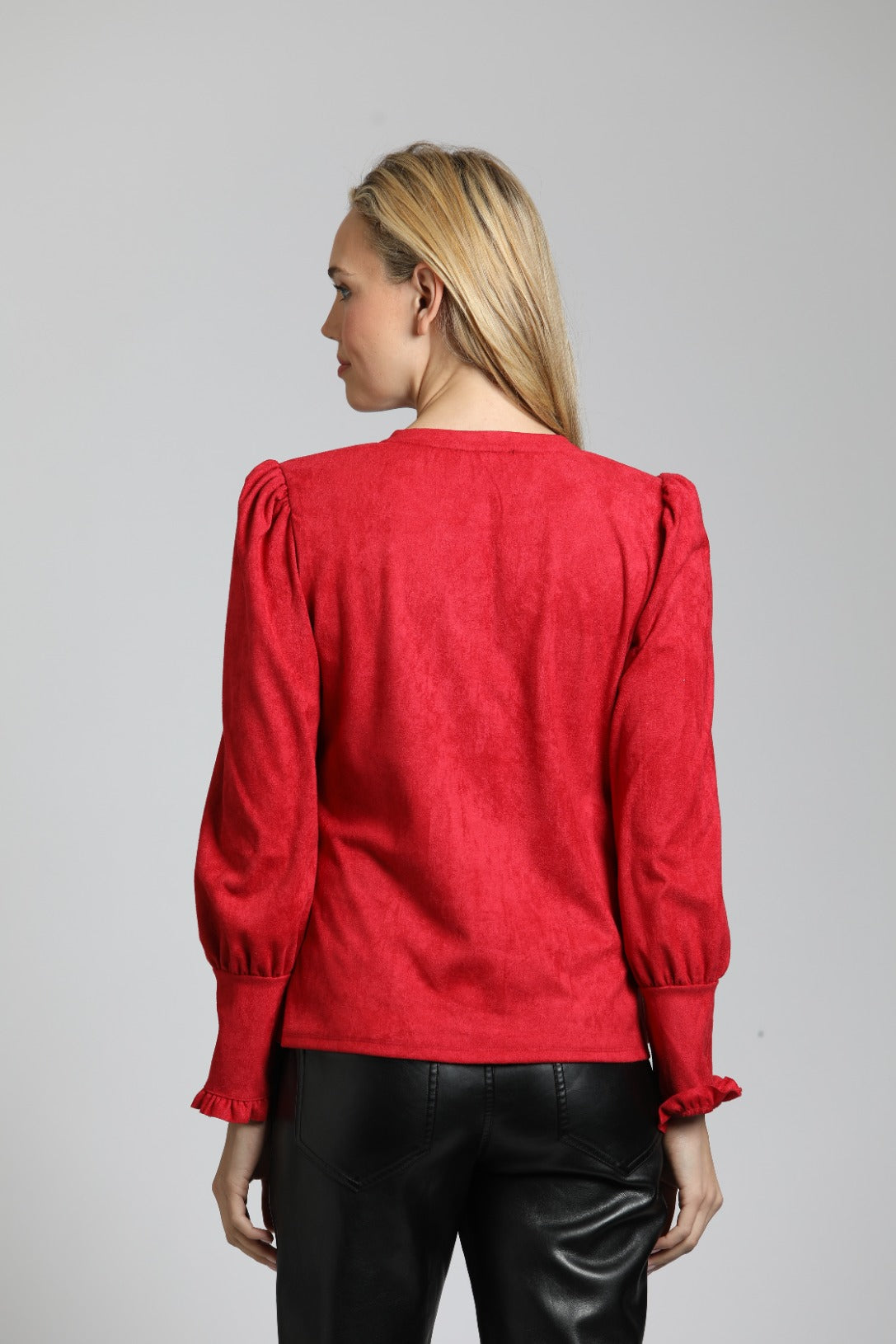 Puff Sleeve Vegan Leather Top With Ruffle Placket |  back side