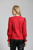 Puff Sleeve Vegan Leather Top With Ruffle Placket |  back side