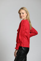 Puff Sleeve Vegan Leather Top With Ruffle Placket | left side