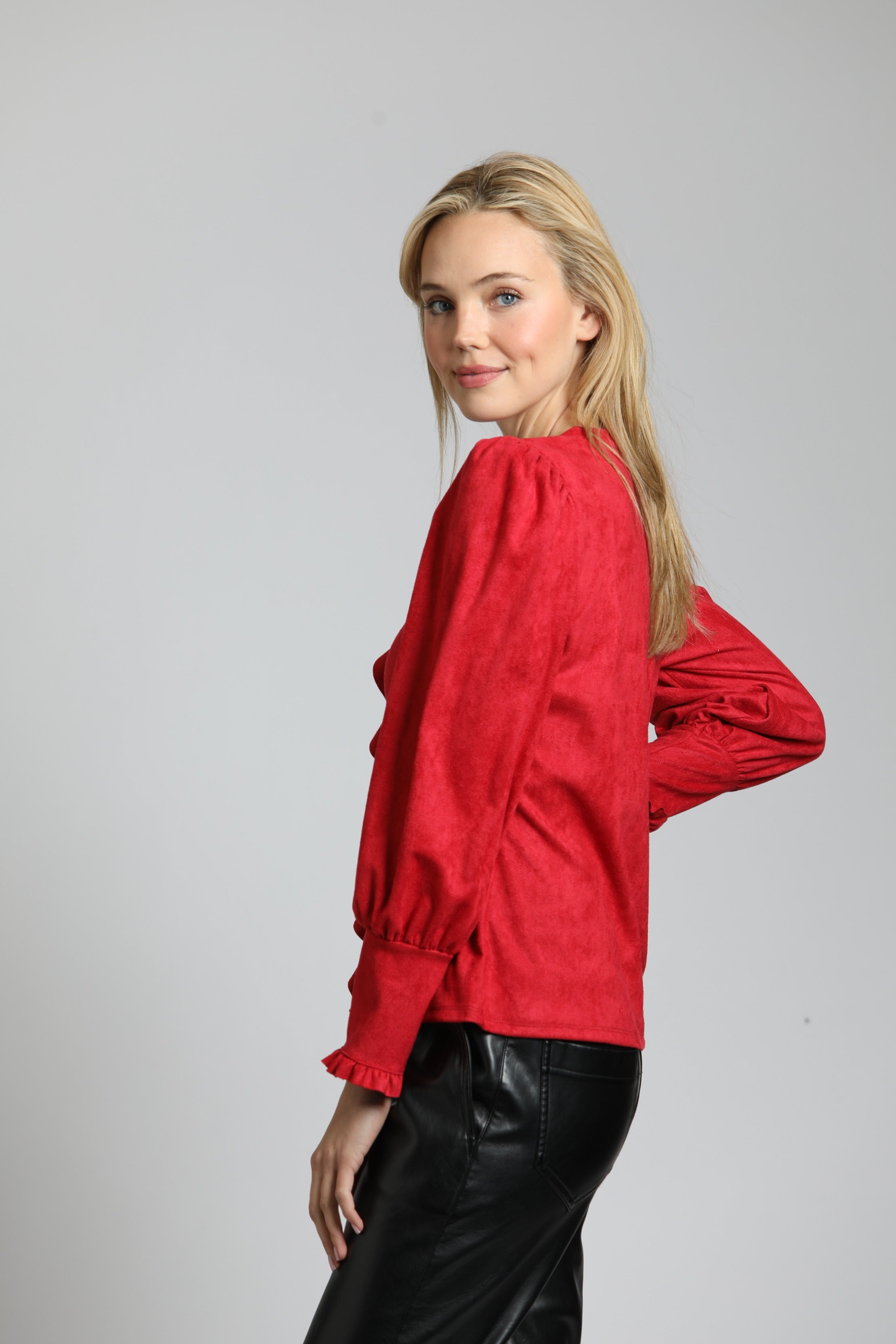 Puff Sleeve Vegan Leather Top With Ruffle Placket | left side