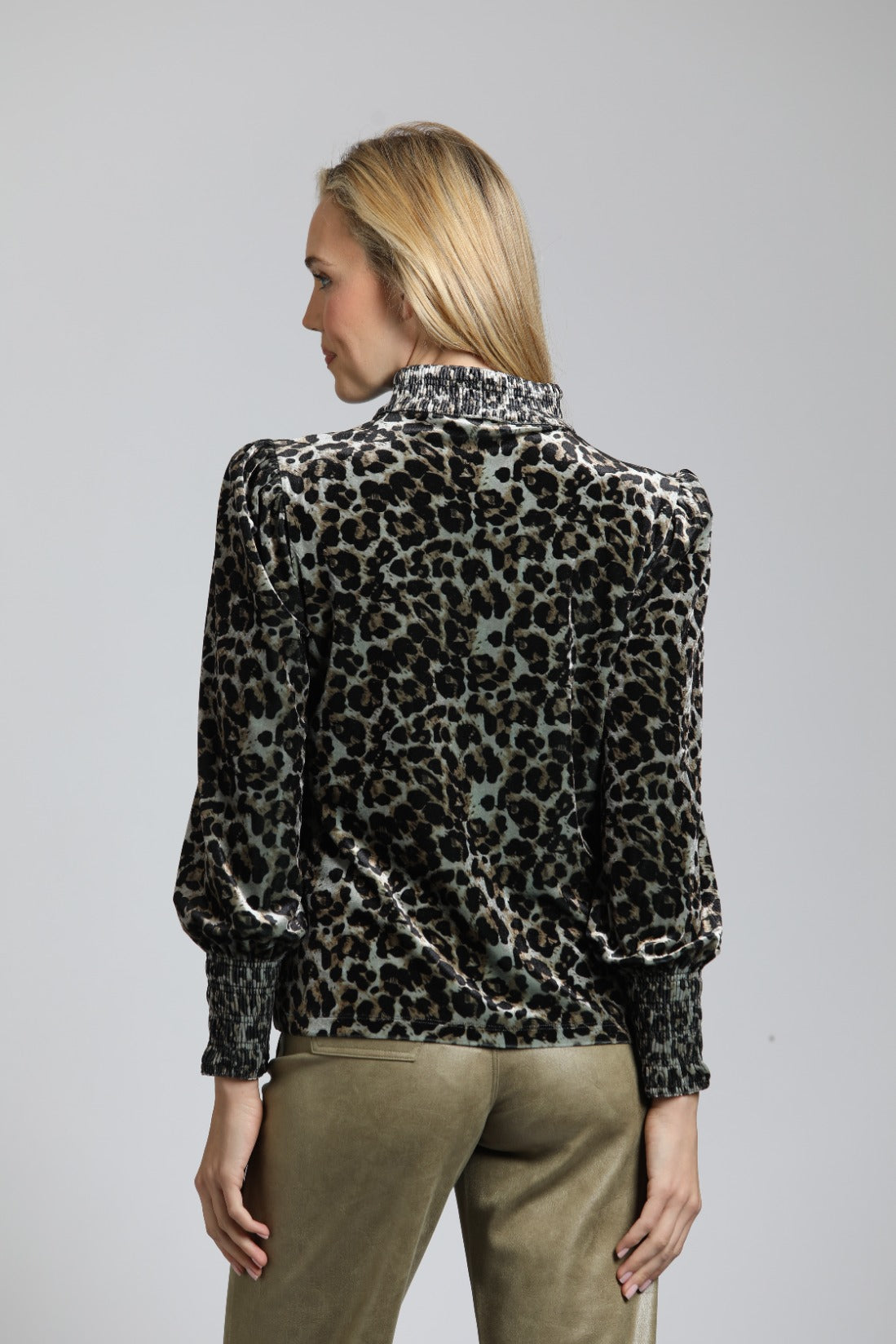 Velvet Leopard Puff Sleeve Tee With Ruched Collar & Cuffs | back side