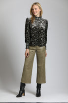 Velvet Leopard Puff Sleeve Tee With Ruched Collar & Cuffs