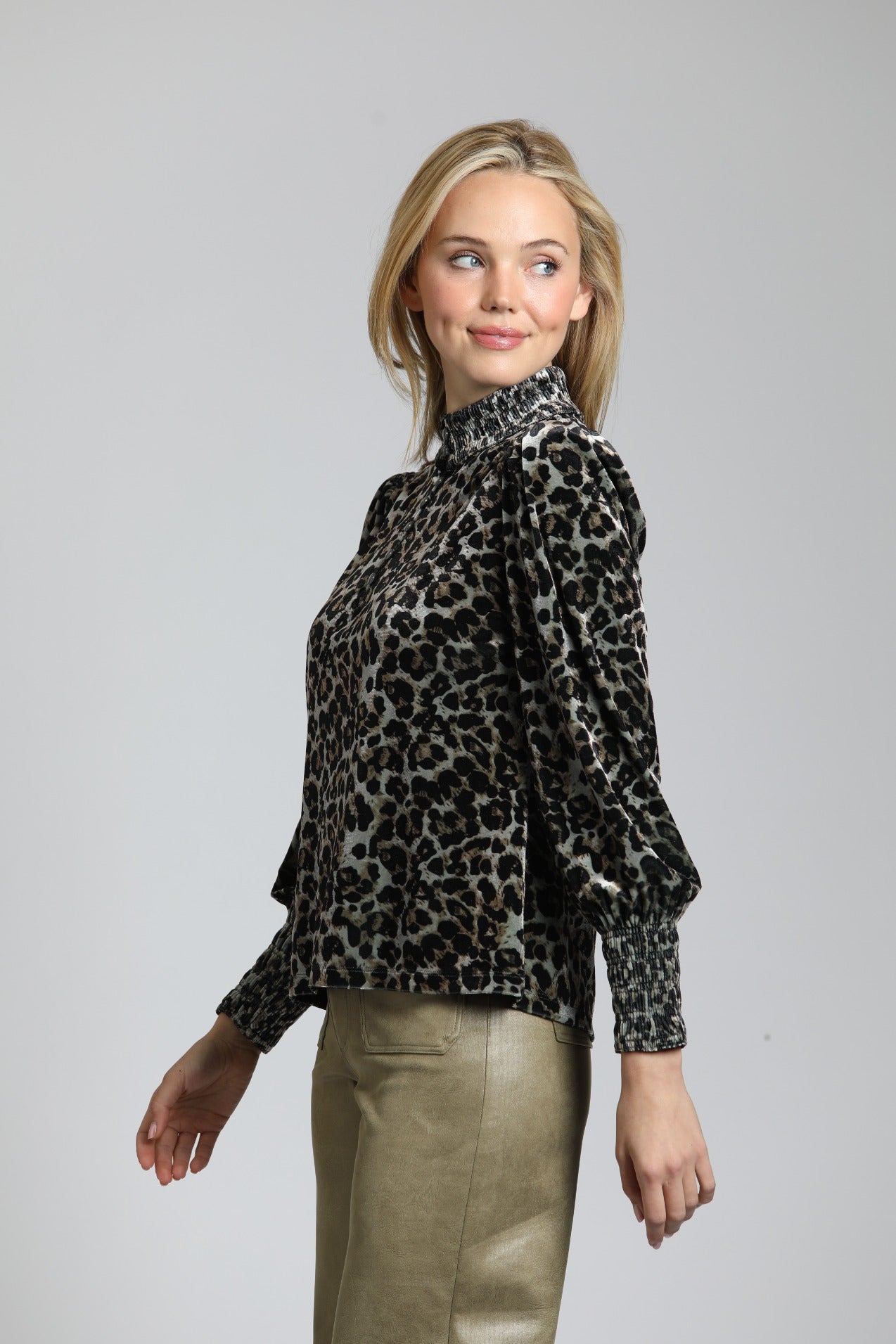 Velvet Leopard Puff Sleeve Tee With Ruched Collar & Cuffs | left side