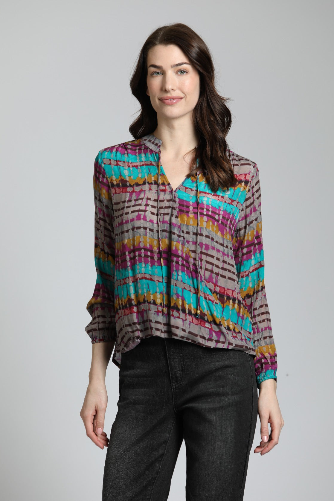 Multicolor Striped Splatter Print - Crossover Top With Tassel | front side