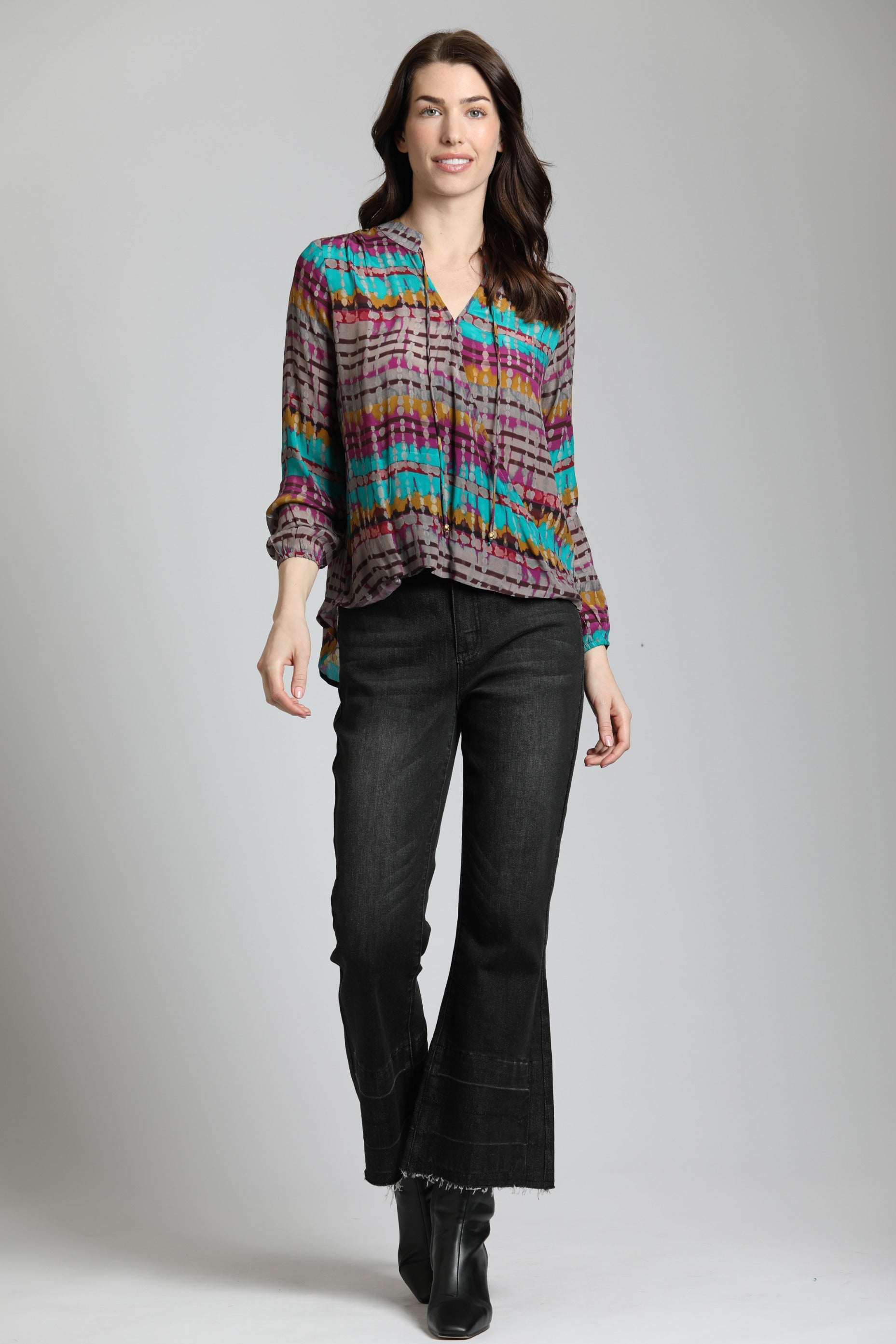 Multicolor Striped Splatter Print - Crossover Top With Tassel | full