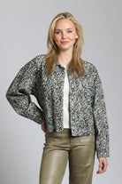 Scribble Abstract Printed Shirt Jacket With Patch Pockets | front side