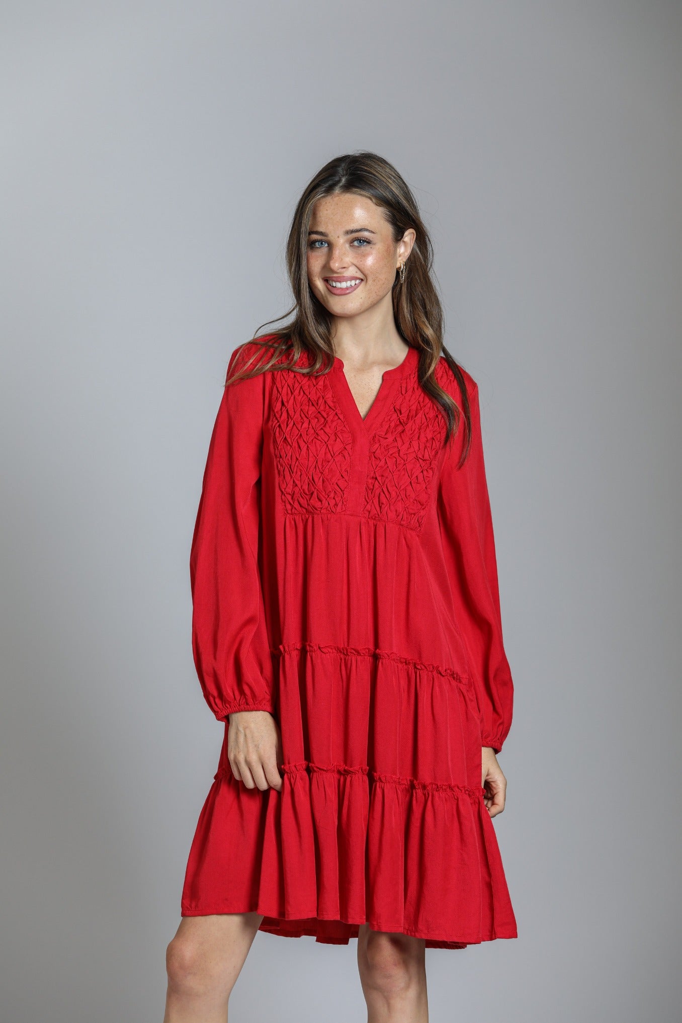  Red Tencel Dress With Smoked Tuck Detail | front side