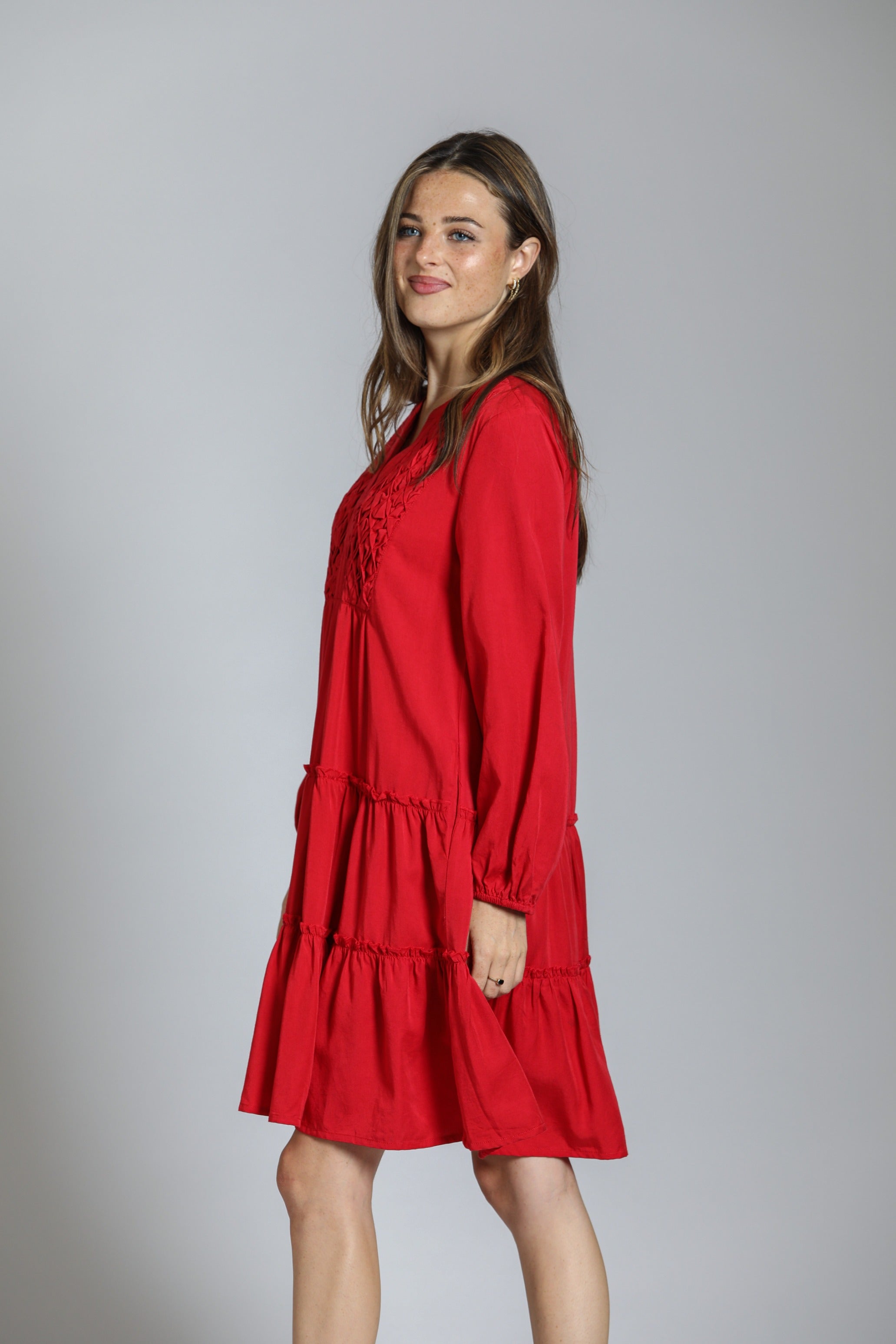  Red Tencel Dress With Smoked Tuck Detail | left side