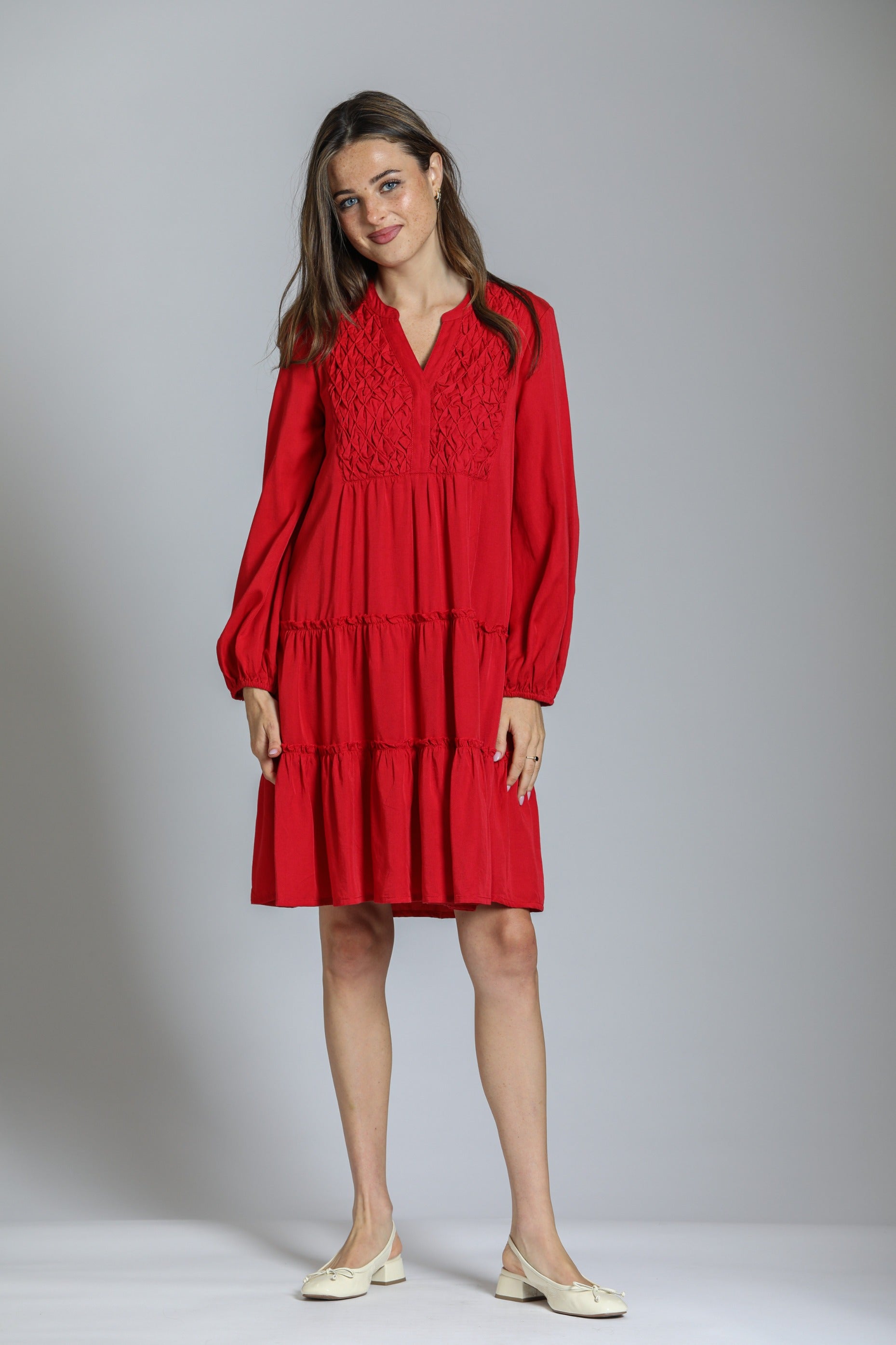 Red Tencel Dress With Smoked Tuck Detail 