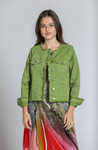 Turtle Green Collarless Jean Jacket | front side