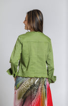 Turtle Green Collarless Jean Jacket | back side