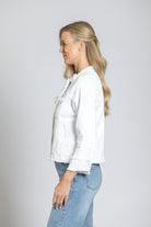  White Collarless Jean Jacket | left side