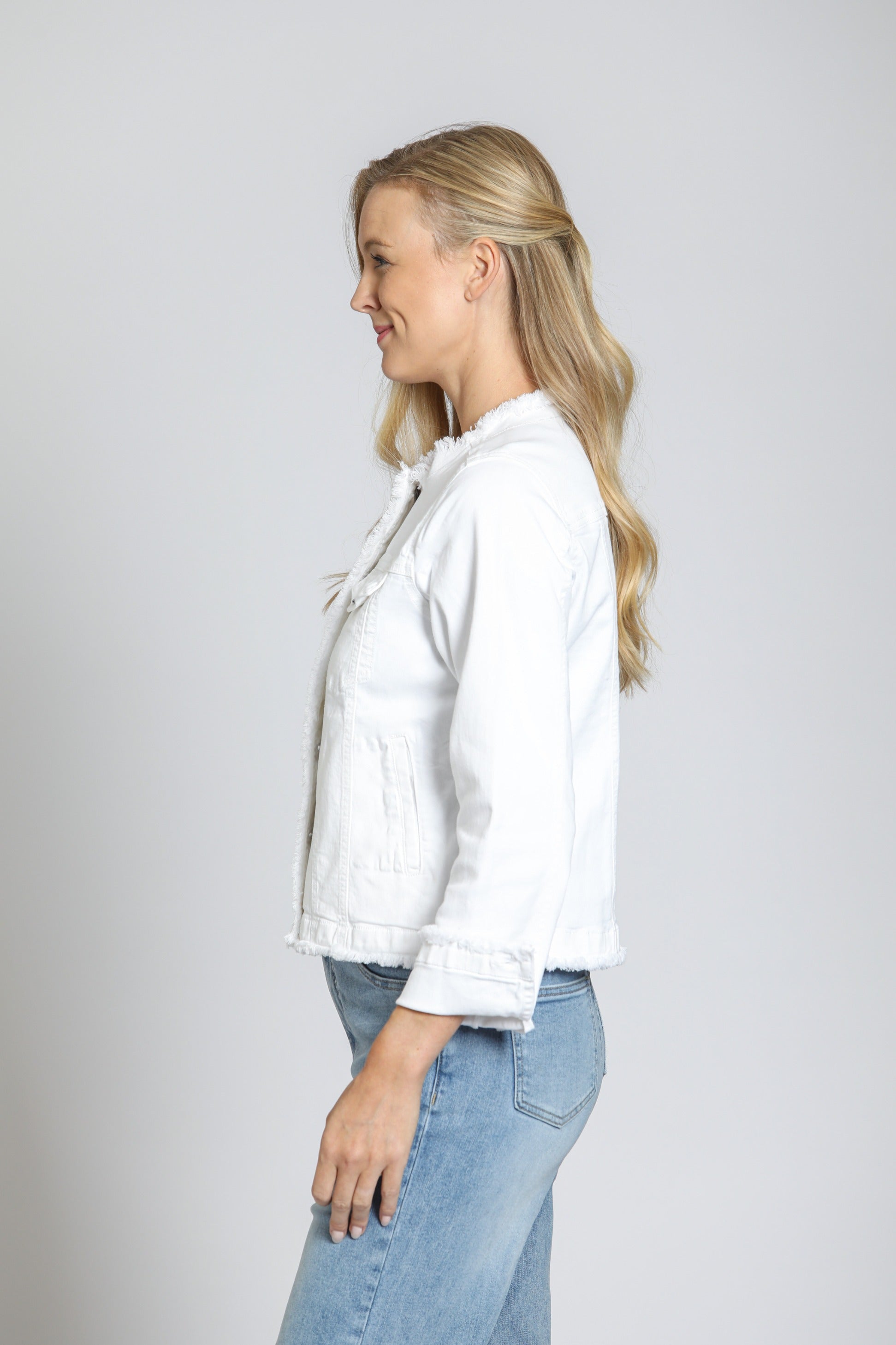  White Collarless Jean Jacket | left side