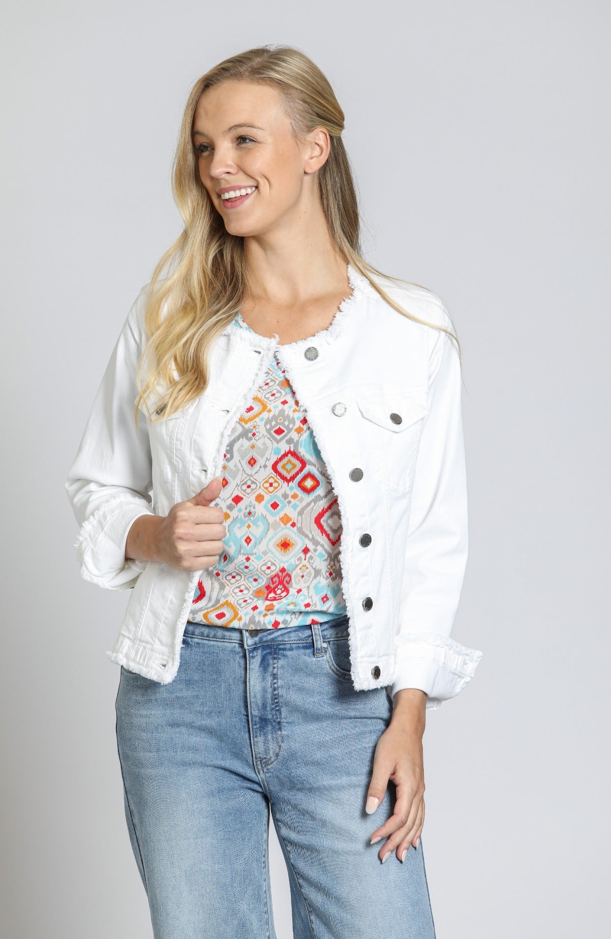 White Collarless Jean Jacket | front side