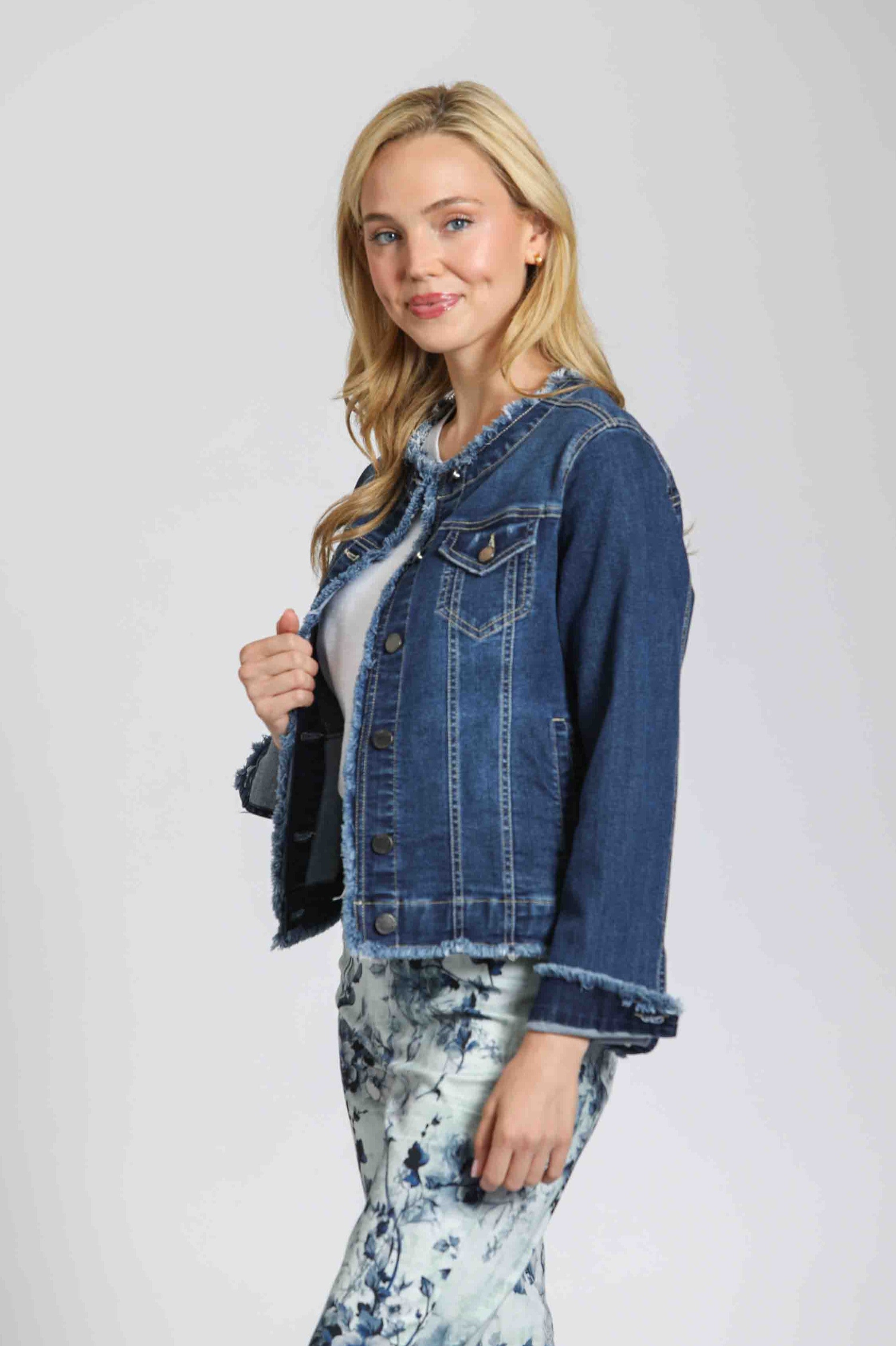 INDIGO Collarless Jean Jacket | left side