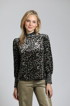 Velvet Leopard Puff Sleeve Tee With Ruched Collar & Cuffs